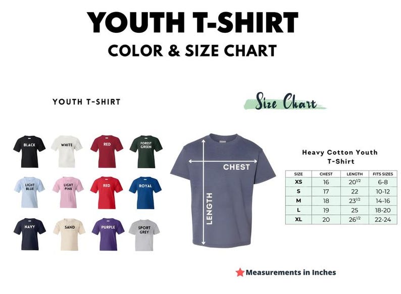 May include: A youth t-shirt colour and size chart. The chart shows various t-shirt colours, including black, white, red, and blue. Measurements are in inches, with chest and length dimensions provided for each size, from XS to XL.