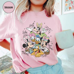 May include: Pink crew neck sweatshirt featuring a graphic of Disney characters including Mickey Mouse, Minnie Mouse, Donald Duck, Daisy Duck, Goofy, and Pluto. The design includes Easter-themed elements and character names.