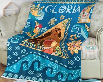 Personalized Disney Moana Blanket, Baby Girl Princess Moana Birthday Girl Gift WDW Disneyland Maui Hei Hei Tamatoa Family Decor Baby Blanket