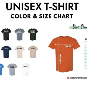 May include: A unisex t-shirt colour and size chart. The chart displays various t-shirt colours, including brown, black, navy, and white. A size chart shows chest and length measurements in inches for sizes S to 5XL.
