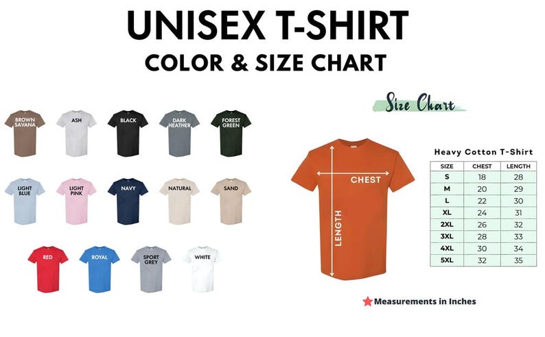 May include: A unisex t-shirt colour and size chart. The chart displays various t-shirt colours, including brown, black, navy, and white. A size chart shows chest and length measurements in inches for sizes S to 5XL.