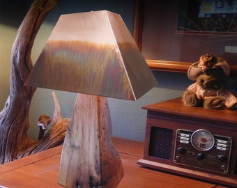 Rustic Log Lamp with Copper Shade