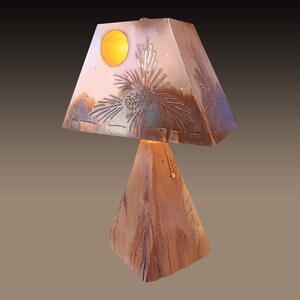 Medium Rustic Hickory Log Lamp Base with Copper Shade Evergreen design and stained glass