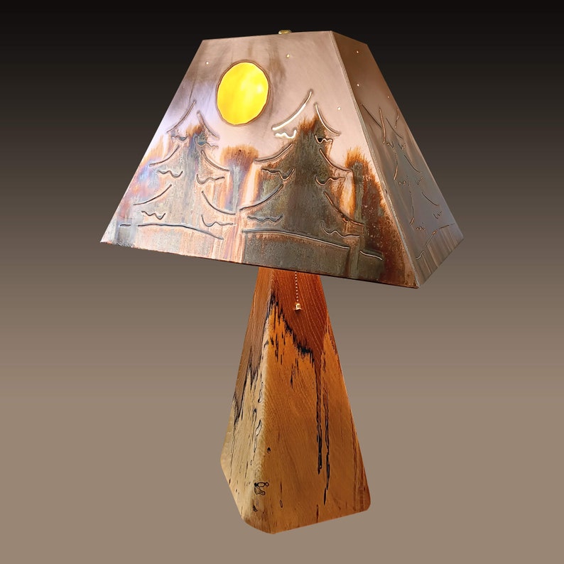 Medium Rustic Hickory Log Lamp Base with Copper Shade Evergreen design and stained glass