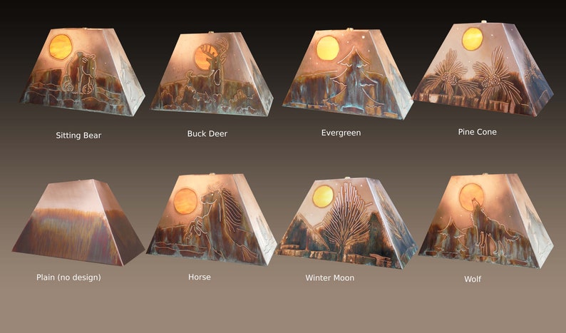 8 Different Standard Designs for Copper Lamp Shades we offer on our Cabin Lighting