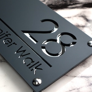 House Wall Plaques UK Luxe A4 Precision Laser Cut Acrylic House Number Sign Matt Gray Anthracite & Silver Mirror 280mm x 140mm image 2