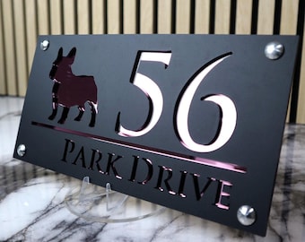 House Wall Plaques UK | ANY DOG Luxe A4 | Any Dog Choose from 650+ Acrylic House Number Sign | Matt Black & Mirrors | 280mm x 140mm
