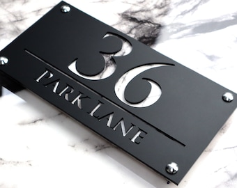 House Wall Plaques UK | Luxe A4 | Hotel Acrylic Wall Numbers | Modern House Plaque | Custom Name Sign Matt Black & White Marble 28cm x 14cm