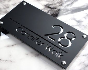 House Wall Plaques UK | Luxe A4 | House Door Signs Personalised Wall Numbers | Matt Black  & Silver Mirror | 280mm x 140mm