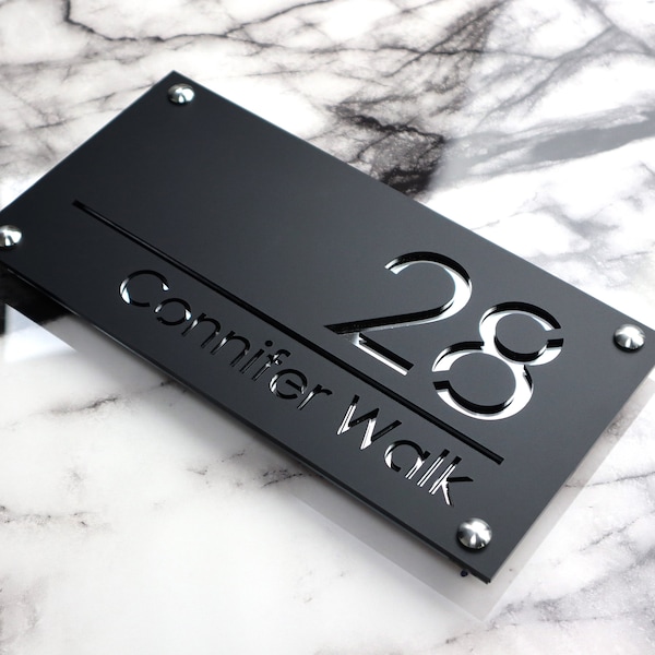 House Wall Plaques UK | Luxe A4 | House Door Signs Personalised Wall Numbers | Matt Black  & Silver Mirror | 280mm x 140mm