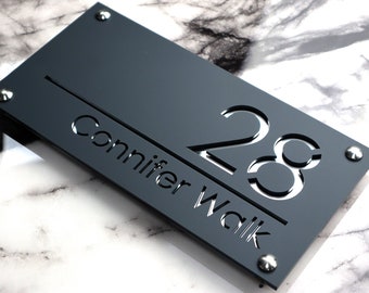 House Wall Plaques UK | Luxe A4 | Precision Laser Cut Acrylic House Number Sign | Matt Gray Anthracite & Silver Mirror | 280mm x 140mm