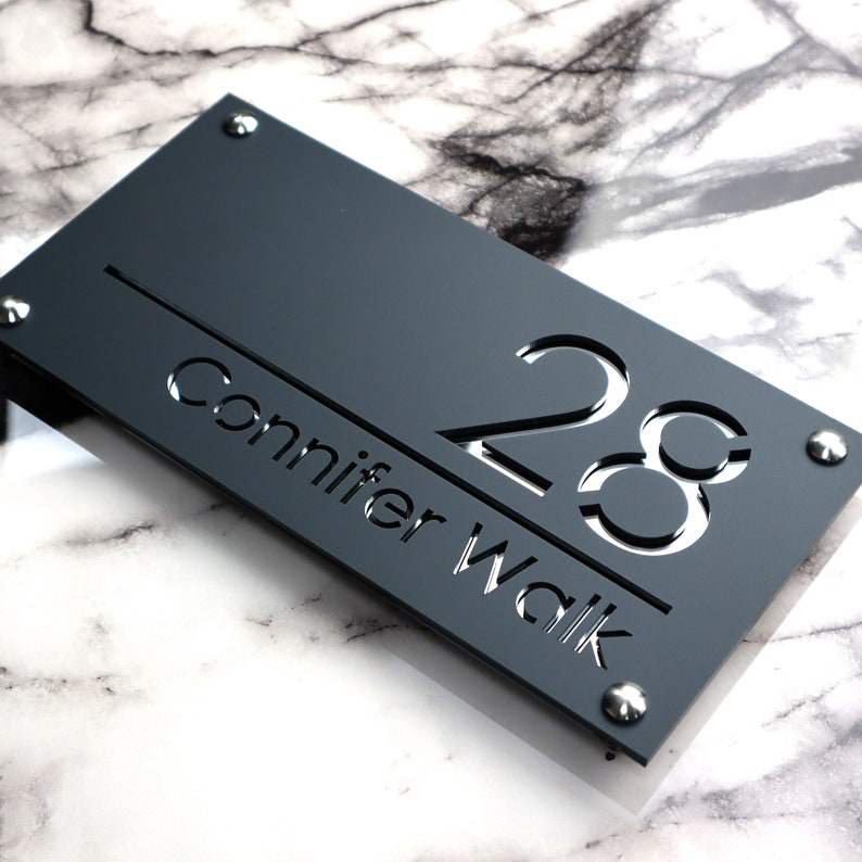 House Wall Plaques UK Luxe A4 Precision Laser Cut Acrylic House Number Sign Matt Gray Anthracite & Silver Mirror 280mm x 140mm image 1