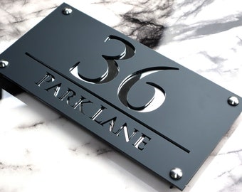 House Wall Plaques UK | Luxe A4 | Modern Laser Cut House Numbers | Elegant Acrylic Design | Personalised Door Sign Grey & Silver 28cm x 14cm