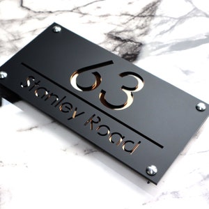 House Wall Plaques UK | Luxe A4 | Sleek Address Sign | Modern Acrylic Design | Personalised House Name Plate Black & Copper| 28cm x 14cm