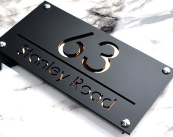 House Wall Plaques UK | Luxe A4 | Sleek Address Sign | Modern Acrylic Design | Personalised House Name Plate Black & Copper| 28cm x 14cm