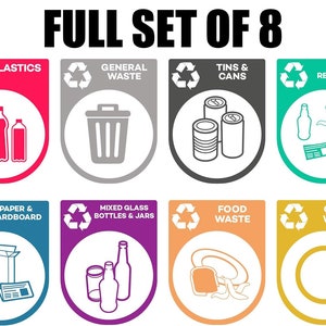 K Smart Sign | Conjunto misto de etiquetas adesivas para placas de lixeira de reciclagem - Conjunto completo de 8 adesivos autoadesivos para ambientes internos e externos | Totalmente à prova d'água