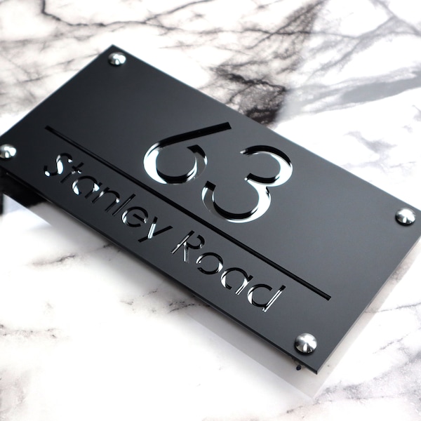 House Wall Plaques UK | Luxe A4 | Stylish Laser Door Plaque | Modern Acrylic | Custom House Number Sign Black & Silver Mirror | 28cm x 14cm
