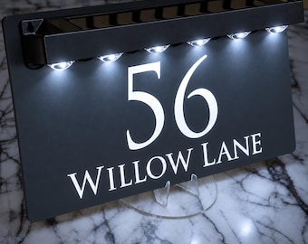 Matt Gray | 28cm x 16cm | Solar LED House Number Sign, Personalised Address Plaque, Modern Door Number Sign, Custom House Sign UK