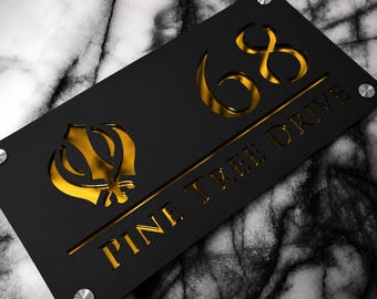 House Wall Plaques UK | Sikh Khanda Luxe A4 | Mirror Laser Cut Acrylic House Door Numbers  | Matt Black & mirror colours | 280mm x 140mm