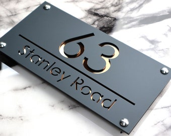 House Wall Plaques UK | Luxe A4 | Personalised House Sign | Acrylic Door Plaque | Stylish Home Numbers Matt Grey & Copper | 28cm x 14cm