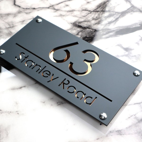 House Wall Plaques UK | Luxe A4 | Personalised House Sign | Acrylic Door Plaque | Stylish Home Numbers Matt Grey & Copper | 28cm x 14cm