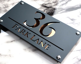 House Wall Plaques UK | Luxe A4 | Personalised House Signs | Acrylic Door Plaque | Stylish Home Numbers Matt Grey & Copper | 28cm x 14cm