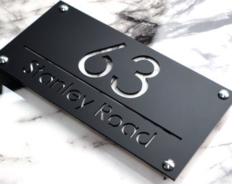 House Wall Plaques UK | Luxe A4 | Hotel Acrylic Wall Signs | Modern House Plaque | Custom Name Sign Matt Black & White Marble | 28cm x 14cm