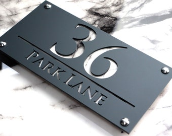 House Wall Plaques UK | Luxe A4 | Custom House Plaque | Acrylic Door Sign | Personalised Home Number Sign Grey & White Marble | 28cm x 14cm
