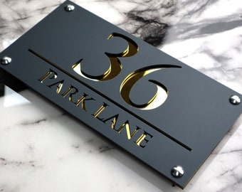 House Wall Plaques UK | Luxe A4 | Custom Door Signs | Unique Laser Cut Numbers | Personalise Your Plaque Grey & Gold Mirror | 28cm x 14cm