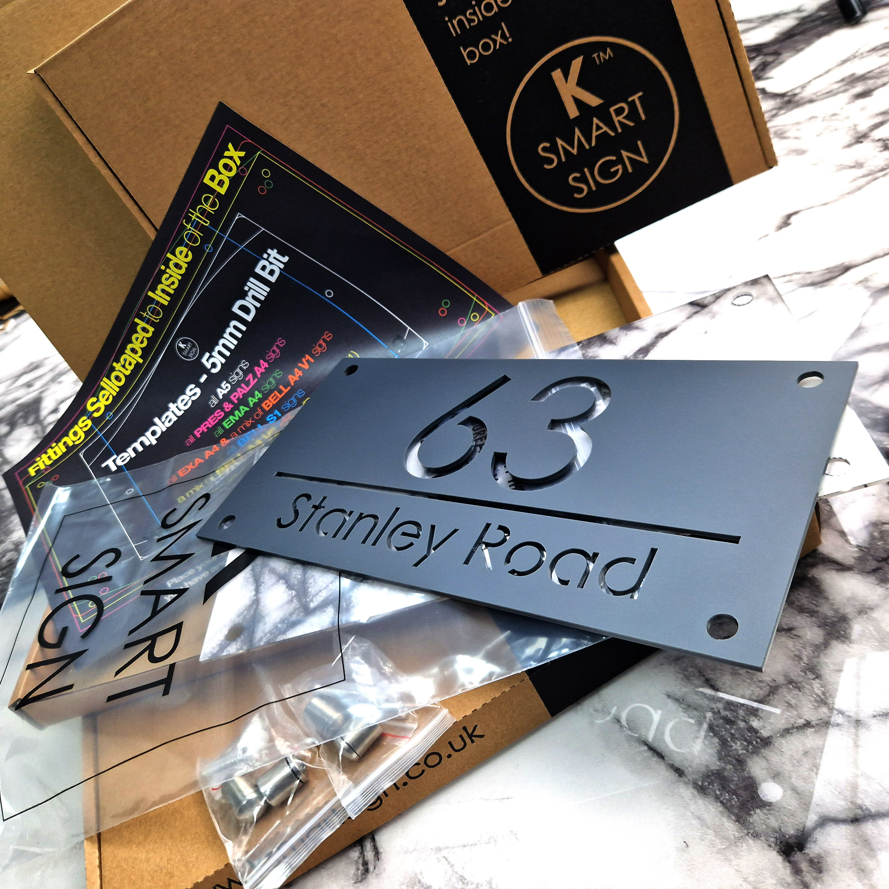 House Wall Plaques UK | Luxe A4 | Precision Laser Cut Acrylic House Number Sign | Matt Gray Anthracite & Silver Mirror | 280mm x 140mm