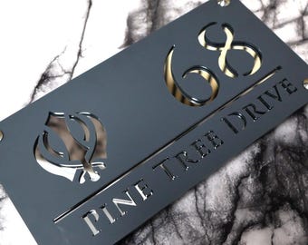 House Wall Plaques UK | Sikh Khanda Luxe A4 | Precision Laser Cut Acrylic House Number Sign | Matt Gray Anthracite & Copper | 280mm x 140mm