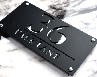 House Wall Plaques UK | Luxe A4 | Stylish Laser Door Plaque | Modern Acrylic | Custom House Numbers Sign Black & Silver Mirror | 28cm x 14cm