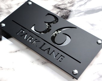 House Wall Plaques UK | Luxe A4 | Custom Door Number Sign | Elegant Acrylic | Modern Home Signs Matt Black & Black Marble | 28cm x 14cm