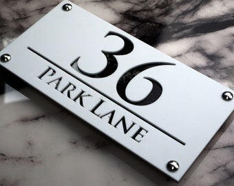 House Wall Plaques UK | Luxe A4 | Contemporary House Plaque | Acrylic Door Sign | Custom Address Numbers Matt White & Marble | 28cm x 14cm