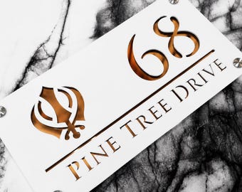 Sikh Khanda House Sign | Personalised Laser Cut Acrylic Door Number Plaque (280mm x 140mm)