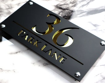 House Wall Plaques UK | Luxe A4 | Front Number Signs | Contemporary Acrylic Design Personalised Door Plaque Black & Gold Mirror 28cm x 14cm