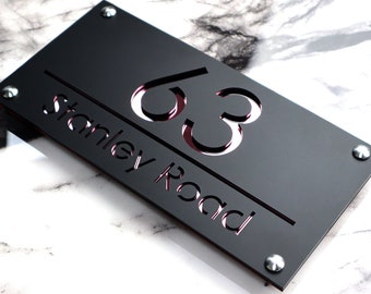 House Wall Plaques UK | Luxe A4 | House Name Plate | Sleek Acrylic Laser cut Design | Personalised Home Décor Black & Rose Gold  28cm x 14cm