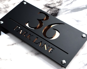 House Wall Plaques UK | Luxe A4 | Sleek Address Signs | Modern Acrylic Design | Personalised House Name Plate Black & Copper | 28cm x 14cm