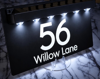 Matt Black | 28cm x 16cm | Personalised House Number Sign, Solar LED House Sign, Modern Door Number Plaque