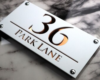 House Wall Plaques UK | Luxe A4 | Modern Hausnummer | Custom Acrylic Plaque | Elegant Home Signs Matt White & Copper | 28cm x 14cm