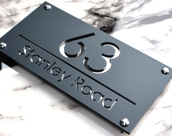 House Wall Plaques UK | Luxe A4 | Modern Laser Cut House Number | Elegant Acrylic Design | Personalised Door Sign Grey & Silver 28cm x 14cm