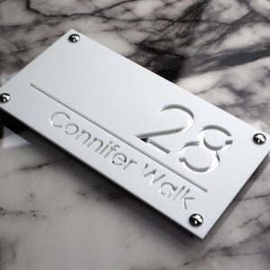 House Wall Plaques UK | Luxe A4 | Modern Beautiful Personalised House door number signs | Matt White & Silver Mirror | 280mm x 140mm