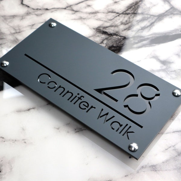 House Wall Plaques UK / Luxe A4 / Placa de puerta contemporánea Signo de número de casa / Gris mate antracita y espejo negro / 280 mm x 140 mm