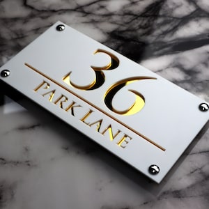 House Wall Plaques UK | Luxe A4 | Acrylic House Signs | Elegant Outdoor Décor | Custom Address Plaque Matt White & Gold Mirror | 28cm x 14cm