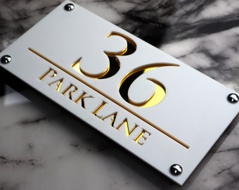House Wall Plaques UK | Luxe A4 | Acrylic House Signs | Elegant Outdoor Décor | Custom Address Plaque Matt White & Gold Mirror | 28cm x 14cm