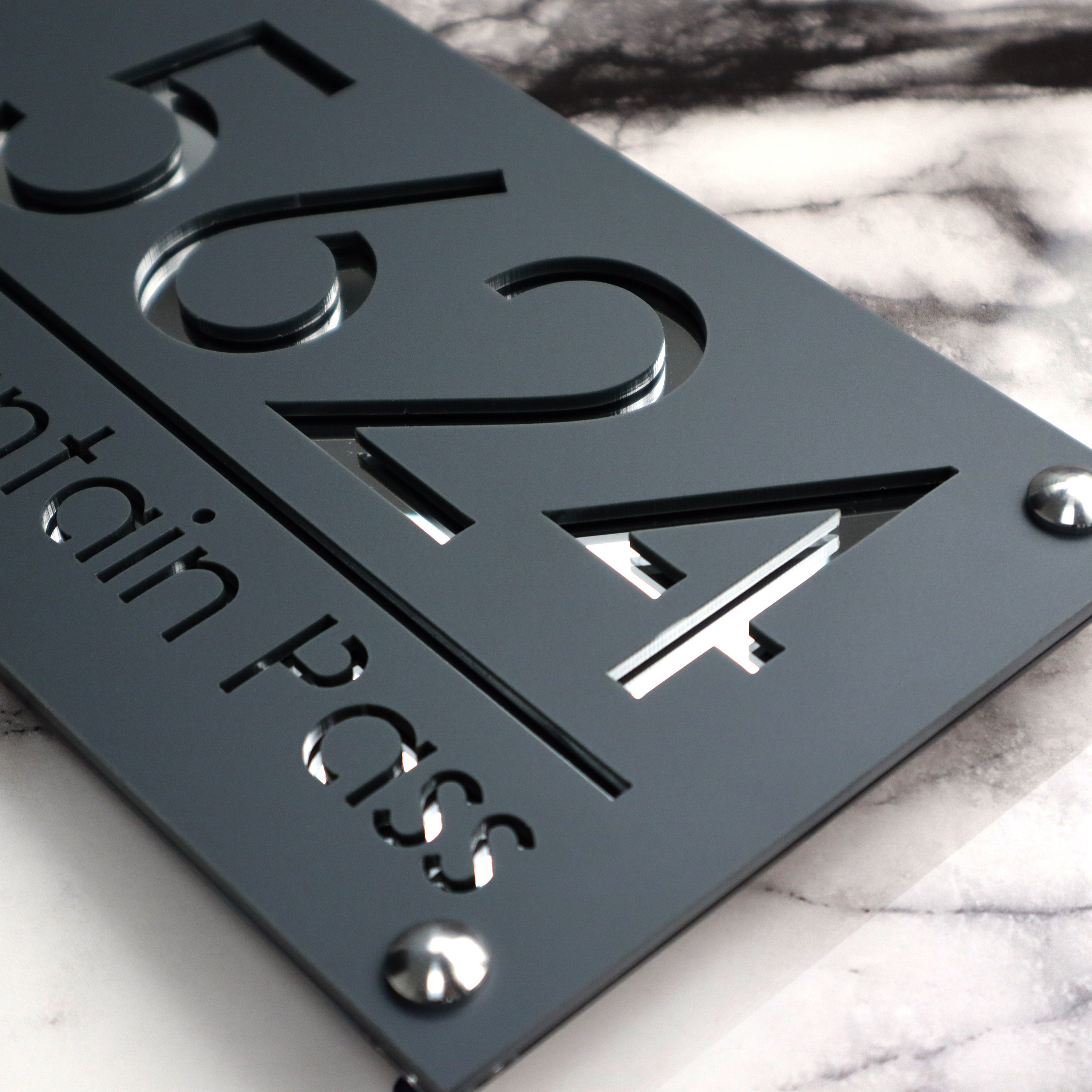 House Wall Plaques UK | Luxe A4 | Precision Laser Cut Acrylic House Number Sign | Matt Gray Anthracite & Silver Mirror | 280mm x 140mm
