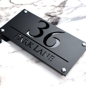 House Wall Plaques UK | Luxe A4 | Chic House Sign | Precision Laser Cut Acrylic | Personalised Address Plaque Matt Black & Gloss 28cm x 14cm