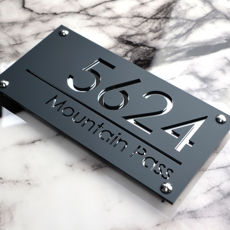 House Wall Plaques UK Luxe A4 Precision Laser Cut Acrylic House Number Sign Matt Gray Anthracite & Silver Mirror 280mm x 140mm image 3