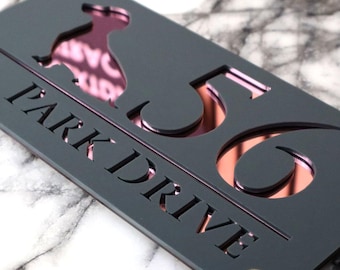 House Wall Plaques UK | ANY DOG Luxe A4 | Any Dog Precision Laser Cut Acrylic House Number Sign | Matt Gray & Mirrors | 280mm x 140mm