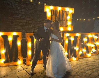 Peaky Blinders Vintage style Large MR & MRS wedding Signs wooden illuminated Letters Theme Eddison Bulbs 240V Wired